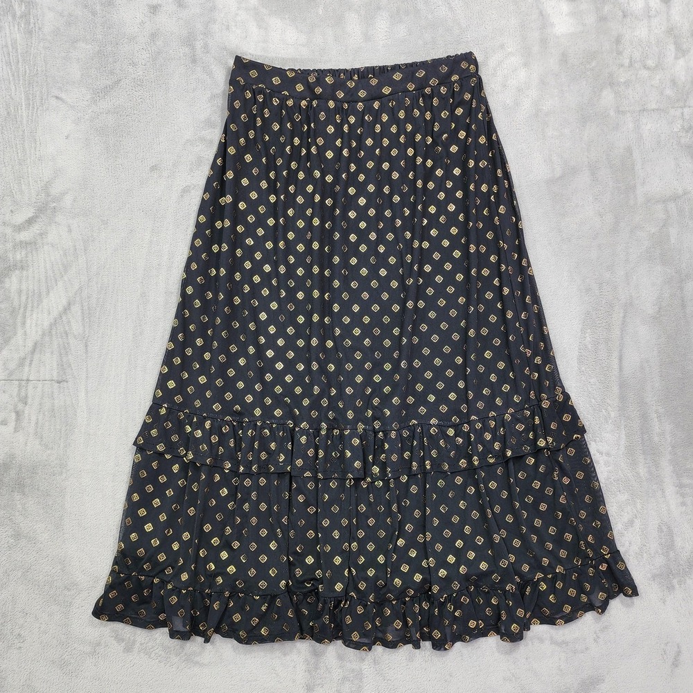 Harlow & Rose Skirt Womens M Black Gold Geometric Ruffle Tiered Midi Boho Casual